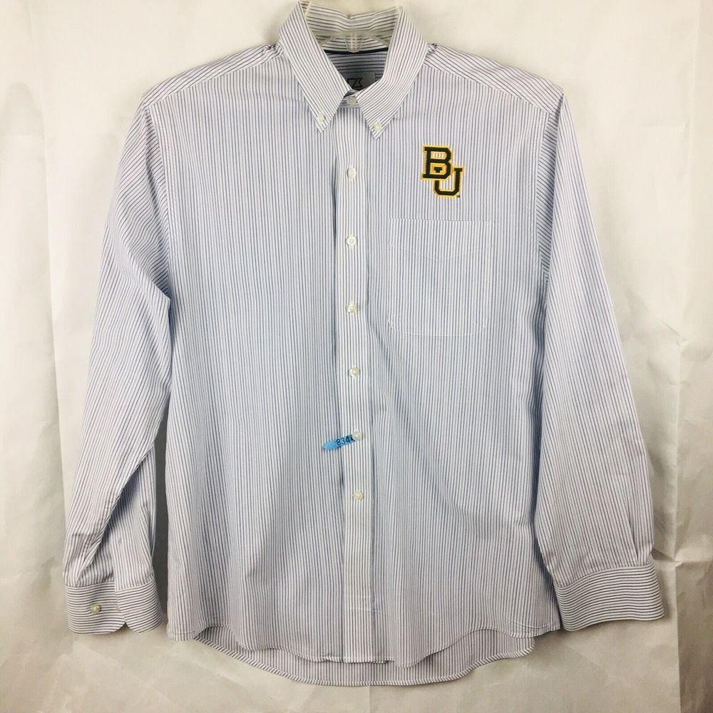 Cutter & Buck BU Mens Medium Dress Shirt Logo White Blue Striped Button Down EUC